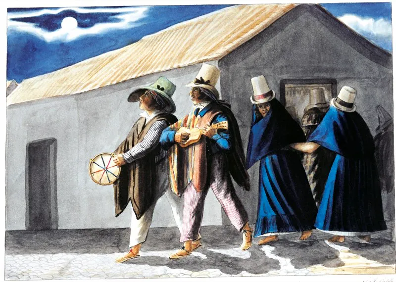 Músicos ambulantes en las calles de Bogotá a la luz de la luna, o serenateros. Copia hecha por Joseph Brown y J. M. Castillo, sobre un original de José Manuel Groot. Al describir los instrumentos que utilizan los músicos, Brown anotó al pie de la acuarela: “La guitarra pequeña es un instrumento denominado ‘tiple’, de cuatro cuerdas, muy común entre las clases inferiores, pero más extendido entre los campesinos de tierra caliente. Las danzas que interpretan son el torbellino, la manta, el bambuco, la hurga y la pisa”. Malcolm Deas, Efraín Sánchez y Aída Martínez, Tipos y costumbres de la Nueva Granada. Colección de pinturas y diario de Joseph Brown.