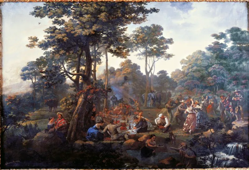 Paseo campestre, óleo de Ramón Torres Méndez, rifado en Bogotá el 9 de septiembre de 1856 en beneficio del autor. Es el único paisaje al óleo que se conoce del famoso pintor costumbrista. Estos paseos campestres al río Bogotá, a los distintos parajes de la sabana o al Salto de Tequendama eran la diversión favorita de las familias bogotanas. Museo del Seminario Mayor, Bogotá.