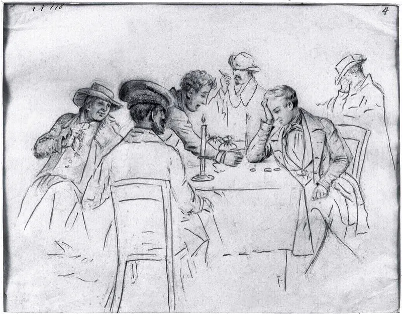 Mesa de juego, dibujo de Ramón Torres Méndez. El vicio del juego, preciso es reconocerlo, estaba sumamente arraigado entre los bogotanos del siglo xix.