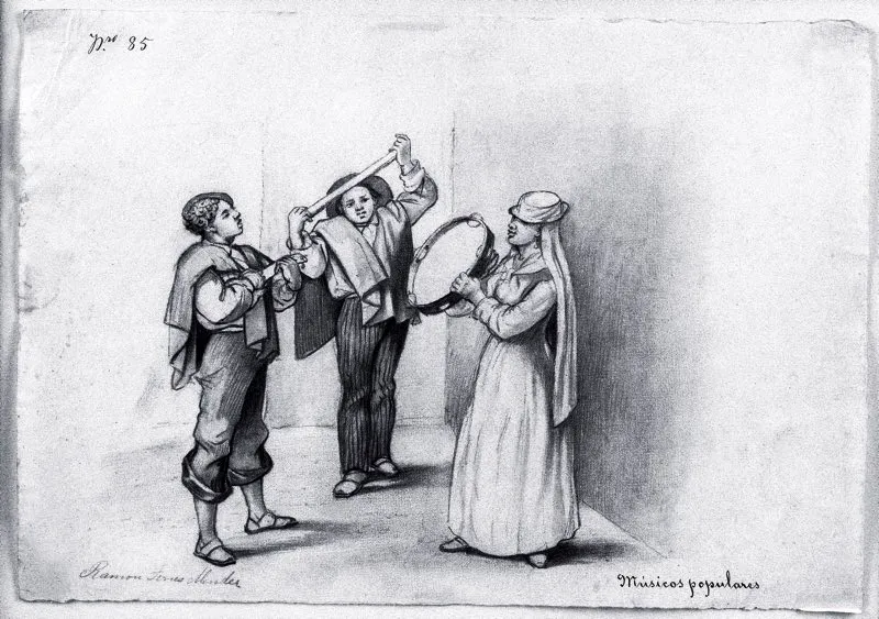 Músicos populares, dibujo de Ramón Torres Méndez. Obligatoriamente encabezaban toda clase de celebraciones domésticas, cívicas y hasta religiosas.