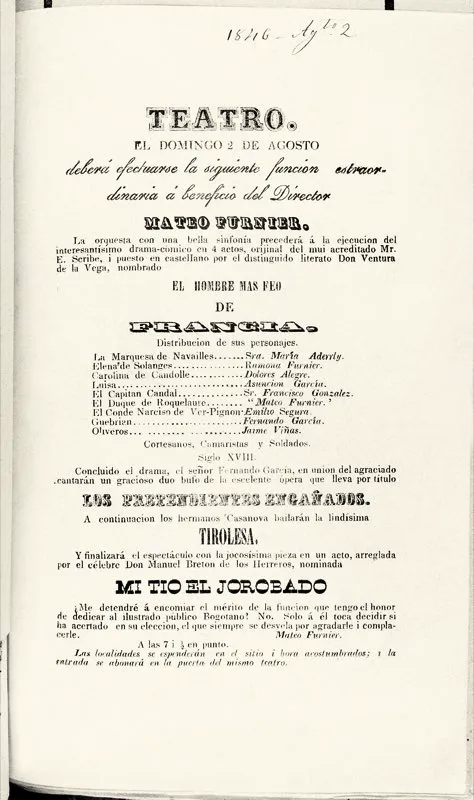 Anuncio de teatro de 1846. Casi siempre los jueves y domingos había función en El Coliseo, el único auditorio con que contaba la ciudad.