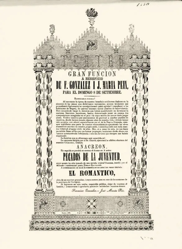 Anuncio de teatro de 1850. Desde finales de la Colonia se regularizaron los espectáculos teatrales en Bogotá, con gran popularidad.