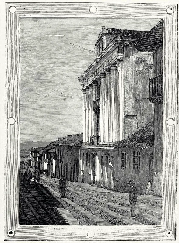 Antiguo Teatro Maldonado, hoy Teatro Colón. En 1840, el Coliseo Ramírez cambió de propietarios y de nombre al ser adquirido por los hermanos Bruno y Domingo Maldonado. Grabado de Rodríguez en el Papel Periódico Ilustrado.