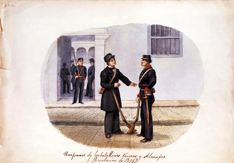 En 1876 ocurri un nuevo levantamiento conservador contra el gobierno liberal radical. Los encargados de defender la ciudad en caso de ataque eran los batallones Cvico y Alcanfor.  Batallones Cvicos, acuarela de Ramn Torres Mndez, 1876. Coleccin de la Biblioteca Luis ngel Arango, Bogot.  