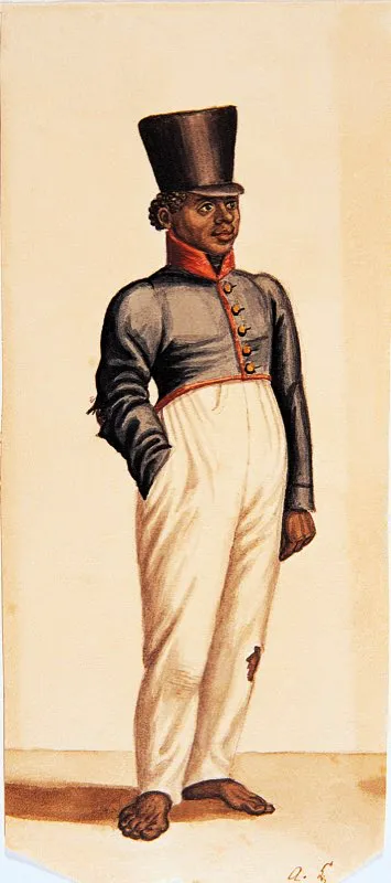 En la dcada del treinta, el tesoro nacional de la Nueva Granada no tena fondos para vestir a los soldados del ejrcito, que muchas veces deban proporcionarse sus propios uniformes. En la acuarela puede verse cmo el uniforme del soldado que le sirve de modelo est roto en las mangas y en la rodilla, adems de que el uniformado va descalzo, aunque tiene los botones de la casaca completos y l conserva un porte de marcialidad y dignidad.  Soldado, acuarela de Auguste Le Moyne, Firmado A. L.,  ca. 1835. Coleccin Museo Nacional de Colombia, Bogot. 