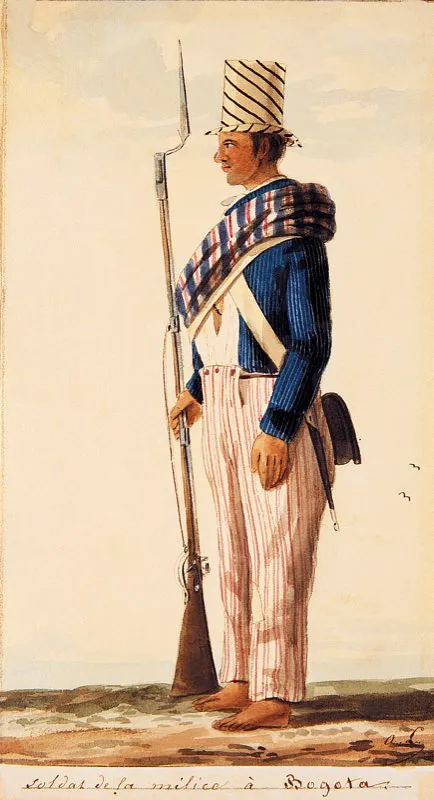 Por decreto del 24 de enero de 1822, el vicepresidente de la repblica, encargado del poder ejecutivo, Francisco de Paula Santander, cre la comisin que deba formar las milicias nacionales con carcter de ejrcito permanente. La comisin estaba integrada por el general en jefe Rafael Urdaneta; el general de divisin Antonio Nario; el general de brigada Jos Mara Vergara; el sargento mayor teniente coronel de infantera Lorenzo Ley; el sargento mayor de caballera Jos Arjona, y el capitn teniente coronel de artillera Jos Barrionuevo. Cada departamento de Colombia, y las respectivas capitales, quedaron facultados para organizar su cuerpo de milicias, cuyo comandante nacional era el general en jefe. En 1831, al disolverse la Repblica de Colombia y formarse como nacin independiente la Nueva Granada, sta mantuvo la organizacin  de las milicias. Soldado de la milicia de Bogot, acuarela de Auguste Le Moyne, Firmado A. L., ca. 1835. Coleccin Museo Nacional de Colombia, Bogot. 