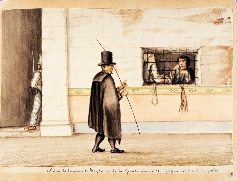 Por el gesto del alguacil y la actitud de las presas parecera que estuvieran posando para el pintor. Exterior de la prisin de Bogot en la Plaza Mayor y el alguacil que realiza la inspeccin, acuarela de Jos Manuel Groot y Auguste Le Moyne (atribuido), ca. 1835. Coleccin Museo Nacional de Colombia, Bogot. 