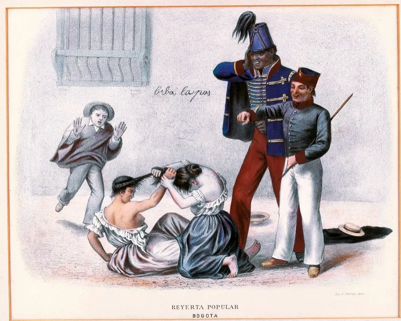 Aspectos de la agitada vida en las calles bogotanas a mediados del siglo xix. Reyerta popular entre dos mujeres del pueblo; la leyenda en el muro de la ventana dice biba la paz. Litografa de A. Delarue, Pars, 1878. Coleccin privada.  