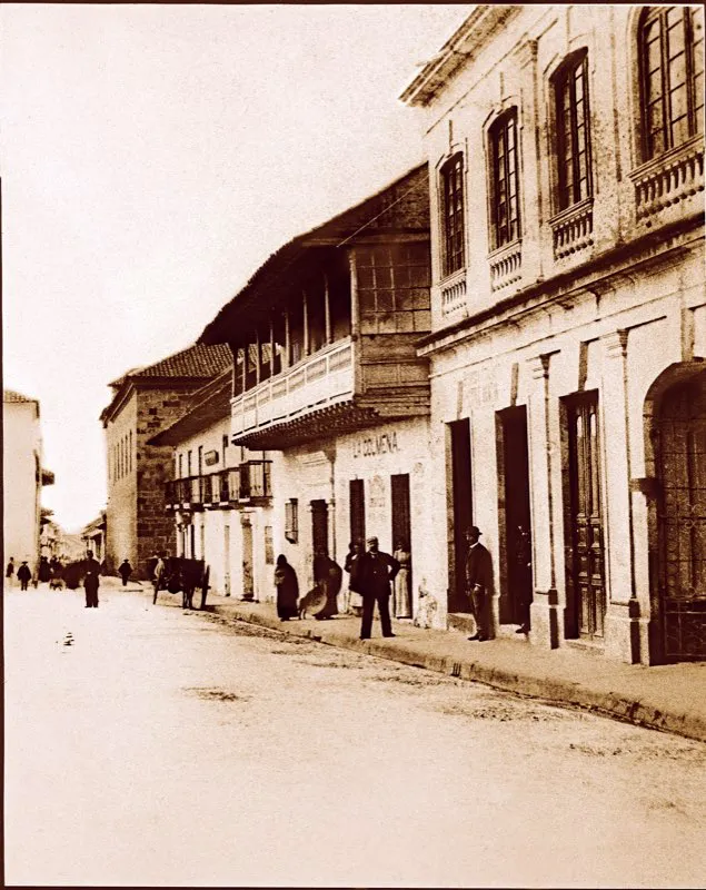 Camelln de La Concepcin, o calle 10.a entre carreras 7. y 10.. Era, en las ltimas dcadas del siglo xix, una zona comercial y residencial de gran importancia. La arquitectura de las casas y edificios mezclaba la colonial, con sus esplndidos balcones, y la republicana de refinado modernismo. Las fachadas de las casas estaban muy cuidadas y la polica prestaba buen servicio de vigilancia. En la cuadra de abajo se aprecia el bellsimo edificio de la iglesia de Santa Ins, en su parte de atrs, sobre la carrera 9.a. Foto de 1893. 