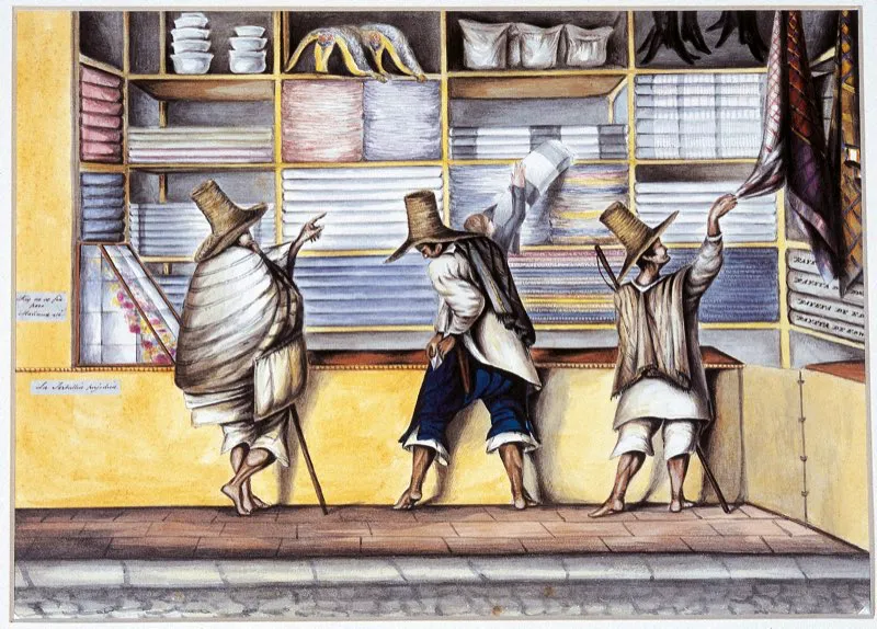Interior de una tienda en la calle principal de Bogot, con muleros de compras, acuarela de Joseph Brown, sobre original de Jos Manuel Groot. Royal Geographical Society, Londres. 