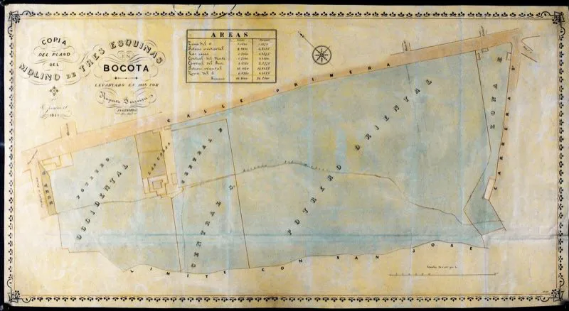 Plano del molino de Tres Esquinas. La produccin triguera de la sabana era bastante limitada, pues los altos costos del transporte hacan muy cara la harina que sala de sus molinos. Adems, el consumo de pan en Bogot era an relativamente reducido. 
