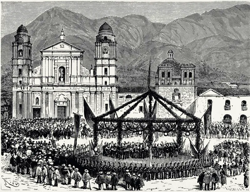 Obra del extraordinario dibujante francés Édouard Riou, discípulo de Gustave Doré. Riou (1833-1900) ilustró las novelas de Alejandro Dumas, Walter Scott y Julio Verne, entre otras, y recorrió Europa, Rusia y América para nutrir con sus dibujos las páginas de Tour du Monde, L’Illustration y Le Monde Illustré. Festejos del 20 de julio de 1860, cincuentenario de la independencia, celebrado con toda pompa no obstante el estado de guerra en que se hallaba el país.