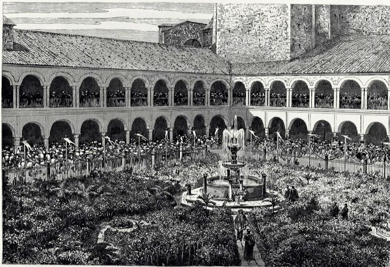 Obra del extraordinario dibujante francés Édouard Riou, discípulo de Gustave Doré. Riou (1833-1900) ilustró las novelas de Alejandro Dumas, Walter Scott y Julio Verne, entre otras, y recorrió Europa, Rusia y América para nutrir con sus dibujos las páginas de Tour du Monde, L’Illustration y Le Monde Illustré. Patio del convento de Santo Domingo. Faltaba un año para que, con la desamortización de bienes de manos muertas, el convento pasara a manos del gobierno y se convirtiera en la sede del Congreso Nacional.