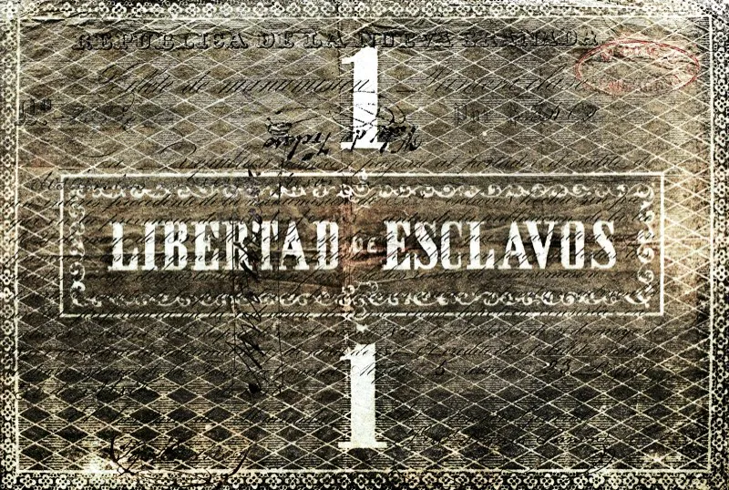 Uno de los billetes con que el Estado de la Nueva Granada pagaba a los dueños de esclavos por la manumisión, según disposiciones legales que regían desde 1843. La manumisión era voluntaria y el poco valor de los billetes, que no tenían respaldo en oro, surtió escaso efecto en el propósito de lograr la liberación del mayor número de esclavos sin necesidad de una ley. Sólo en 1850 el Congreso dictó la ley de abolición de la esclavitud dentro del territorio de la Nueva Granada que, sancionada por el presidente José Hilario López, entró de inmediato en vigencia. Colección numismática del Banco de la República.