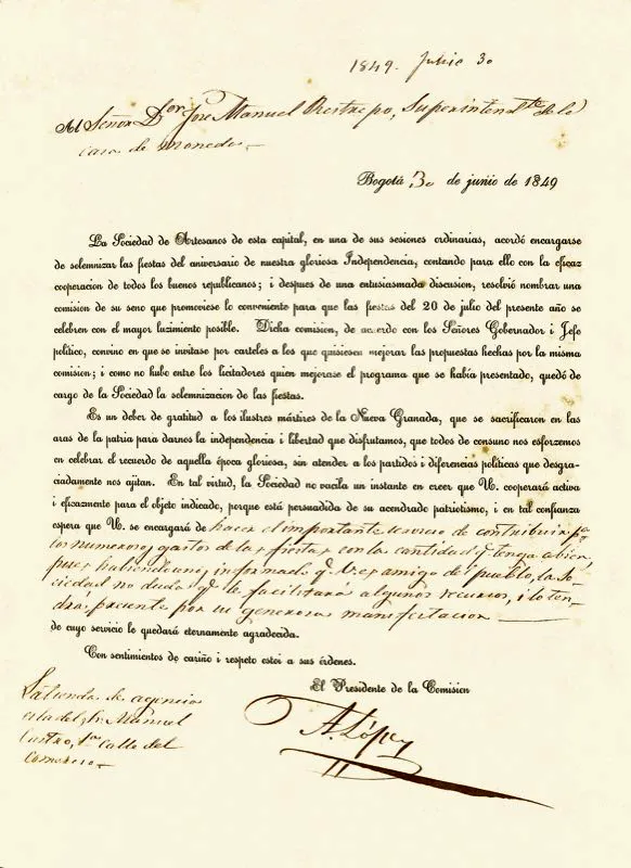 Circular enviada por el dirigente artesanal Ambrosio López a distintas personalidades de la capital, solicitando su colaboración para las fiestas que se celebraron el 20 de julio de 1849.