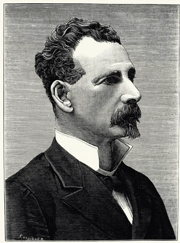 José María Samper Agudelo (1828-1888) fue en su juventud un fogoso librepensador radical. Contribuyó a fundar la Escuela Republicana que reunía a los jóvenes que, so pretexto de la libertad de pensamiento y de expresión, respaldaban el librecambio comercial. Un discurso de Samper en la Escuela Republicana, en que alude al mártir del Gólgota, y dice que los radicales eran los modernos gólgotas, le valió a esta corriente política librecambista el apodo de gólgotas, que constituían una curiosa aleación de antítesis: socialismo con librecambio. Posteriormente José María Samper dio un giro de 180 grados y se convirtió en ideólogo del Partido Conservador, católico ferviente y enemigo acérrimo del librecambio. Con Rafael Núñez y Miguel Antonio Caro, gestó la Constitución de 1886. Grabado de Rodríguez en el Papel Periódico Ilustrado.
