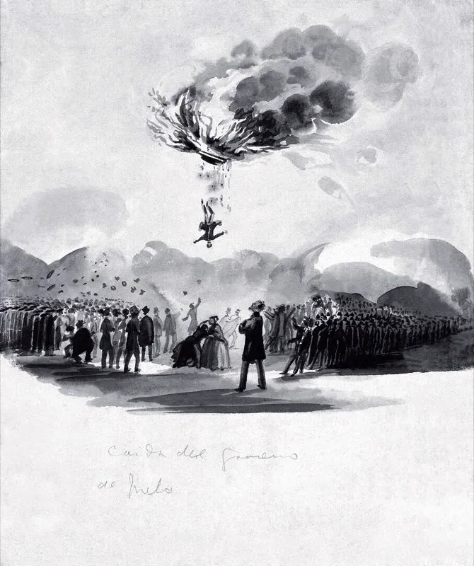 La caída de Melo, caricatura de José María Espinosa. Su golpe de Estado fue interpretado siempre de manera partidista. Álbum Espinosa. Biblioteca Nacional, Bogotá.