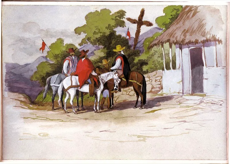Milicias neogranadinas. En lo fundamental, las tropas irregulares de a pie y de a caballo eran las que principalmente conformaban las fuerzas que se enfrentaban en las contiendas civiles del siglo pasado. Acuarela de Edward W. Mark.Biblioteca Luis Ángel Arango, Bogotá.