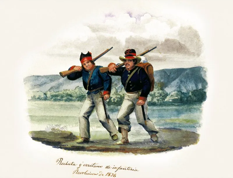 Bogotá padeció durante esta guerra el asedio de la guerrilla conservadora de “Los Mochuelos”, dirigida y en gran parte conformada por jóvenes de prestantes familias de la capital. “Los Mochuelos” finalmente hubieron de entregarse, con honores, al gobierno liberal-radical. Recluta y veterano de infantería en la revolución de 1876. Acuarela de Ramón Torres Méndez. Colección de la Biblioteca Luis Ángel Arango, Bogotá.