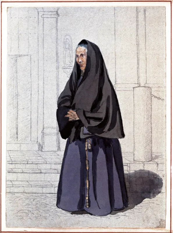 A la hora del ángelus, las beatas que transitaban por las calles bogotanas, se detenían a orar con fervor. En el momento del ángelus, acuarela de Edward W. Mark. Colección de la Biblioteca Luis Ángel Arango, Bogotá.