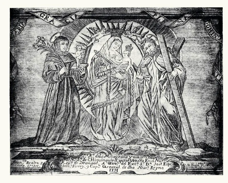 Nuestra señora de Chiquinquirá, Francisco Benito de Miranda, grabado en cobre, Bogotá, 1791.
