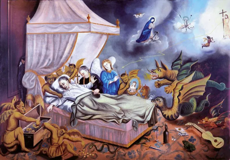 Las alegorías fueron una técnica socorrida en el arte religioso del siglo xix bogotano. El moribundo que duda entre el arrepentimiento aburridor que lo llevará al cielo y las atractivas tentaciones que le aguardan en el infierno.