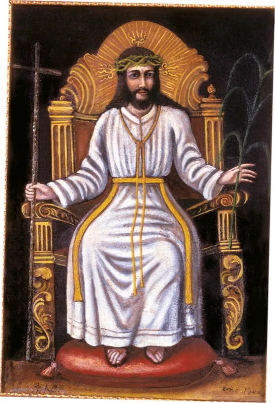 Las alegorías fueron una técnica socorrida en el arte religioso del siglo xix bogotano. Jesucristo triunfante sentado a la diestra de Dios padre todopoderoso.