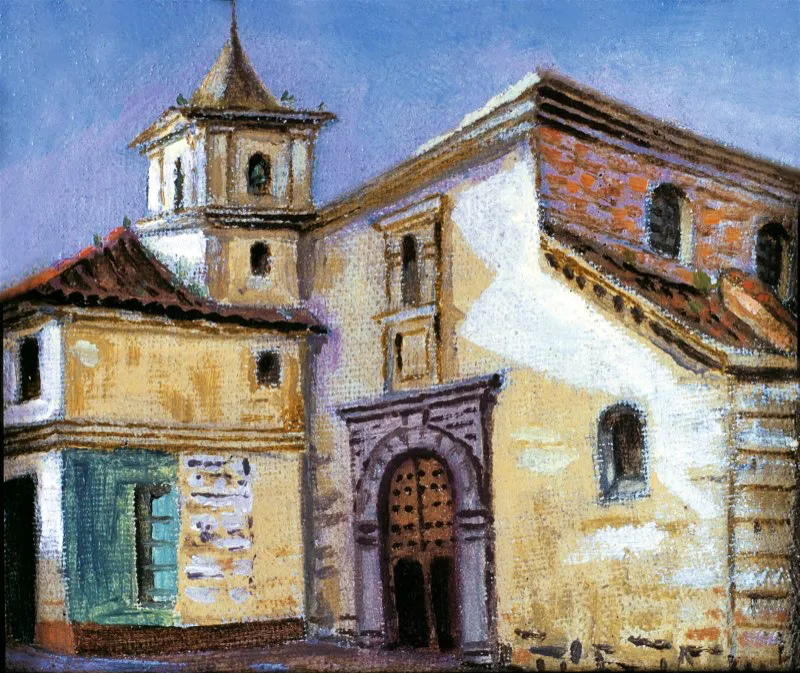 Iglesia de San Juan de Dios, óleo de Luis Núñez Borda. En la primera mitad del siglo xix había en Bogotá 31 templos, monasterios y conventos para menos de 30 000 habitantes.