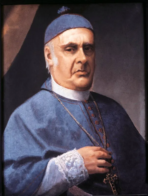 Antonio Herrán, arzobispo entre 1854 y 1868, recibió orden de prisión y destierro del gobierno de Mosquera en 1861 por haberse opuesto a los decretos de tuición y desamortización. Óleo de autor anónimo, Seminario Conciliar, Bogotá.