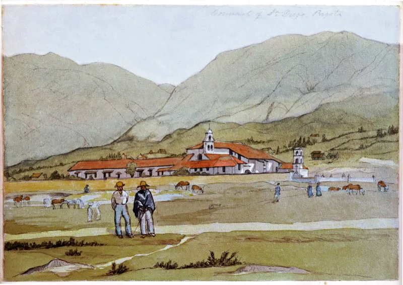 Durante el siglo xix, la colonial recoleta de San Diego se mantuvo solitaria en las afueras del norte de la ciudad, como marcando sus límites. Allí se veneraba la Virgen del Campo, a la que los viajeros que salían, o los que llegaban, le pedían su protección, pues tenía fama de milagrosa, como lo relata Ricardo Silva en uno de sus amenos cuadros de costumbres. Con mucha lentitud, desde los años ochenta, la ciudad comenzó a rebasar los límites de San Diego. El Parque del Centenario (1883), el tranvía a Chapinero (1884) y la fábrica de Bavaria (1891) impulsaron el desarrollo de la ciudad hacia el norte. Para finales de siglo, la recoleta de San Diego ya quedaba en el perímetro urbano. Acuarela de Edward W. Mark, ca. 1850. Colección de la Biblioteca Luis Ángel Arango, Bogotá.