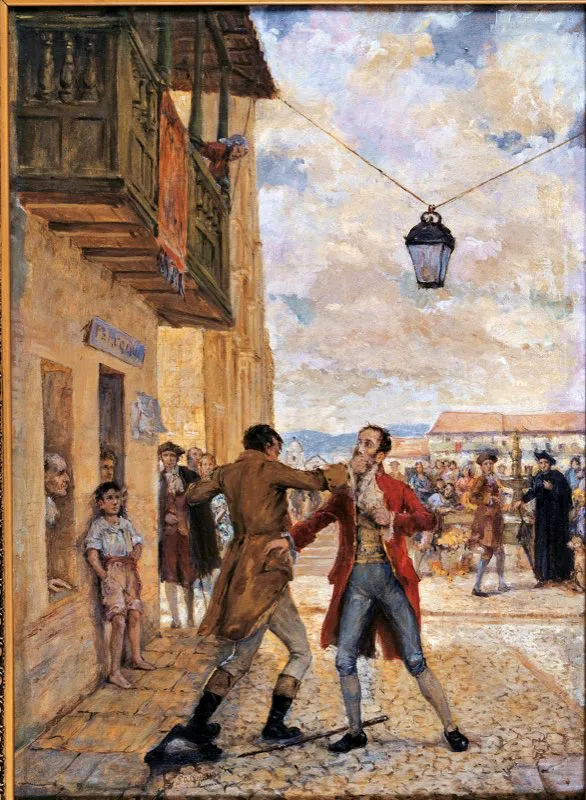 “Don Josef Llorente, español, y amigo de los ministros opresores de nuestra libertad, soltó una expresión poco decorosa a los americanos; esta noticia se difundió con rapidez, y exaltó los ánimos ya dispuestos a la venganza. Grupos de criollos paseaban alrededor de la tienda de Llorente con el enojo pintado en sus semblantes. A este tiempo pasó un americano que ignoraba lo sucedido, hizo una cortesía de urbanidad a este español: en el momento fue reprendido por don Francisco Morales, y saltó la chispa que formó el incendio y nuestra libertad. Todos se agolpan a la tienda de Llorente; los gritos atraen más gentes, y en un momento se vio un pueblo numeroso reunido e indignado contra este español y contra sus amigos. Trabajo costó a don Josef Moledo aquietar por este instante los ánimos, e impedir las funestas consecuencias que se temían. Llorente se refugió en la casa inmediata de don Lorenzo Marroquín”. Joaquín Camacho y Francisco José de Caldas, “Historia de nuestra revolución”, en Diario Político de Santafé. Óleo de Pedro Alcántara Quijano.