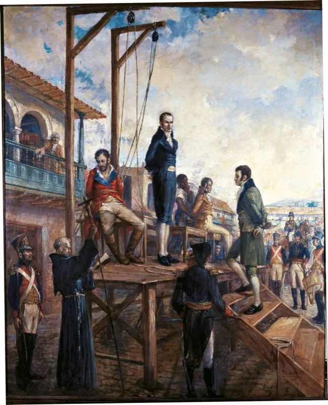 A partir de junio de 1816 Pablo Morillo comenzó a fusilar en la Huerta de Jaime (hoy Parque de los Mártires) a los dirigentes del movimiento independentista, entre ellos a José María Carbonell, Miguel Pombo, Jorge Tadeo Lozano, Gregorio Gutiérrez, Custodio García Rovira y Camilo Torres. Policarpa Salavarrieta fue fusilada el 14 de noviembre de 1817. Óleo de Pedro Alcántara Quijano. Academia Colombiana de Historia.