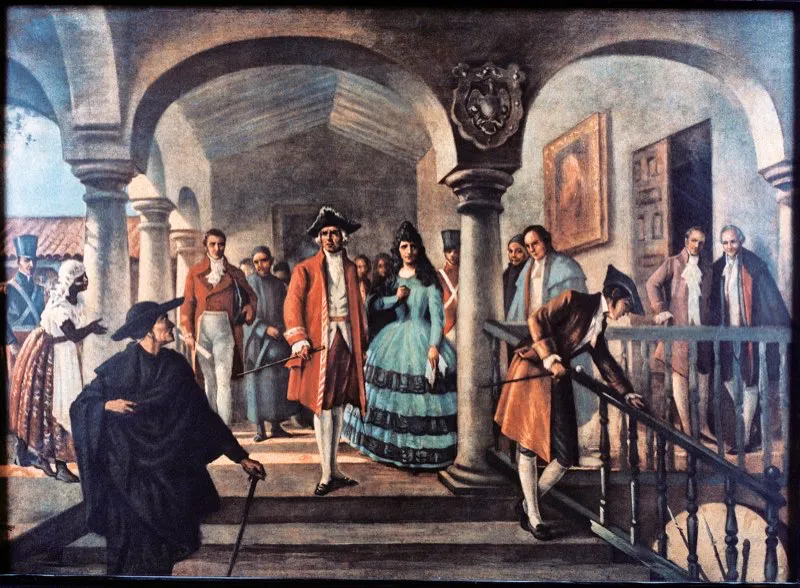 Luego de que inicialmente el virrey Amar fuera nombrado presidente de la Junta Suprema de Santafé, se impuso la línea dura dentro de la misma y se ordenó la prisión del ex virrey y su esposa. Óleo de Coriolano Leudo, Casa Museo del 20 de Julio, Bogotá.