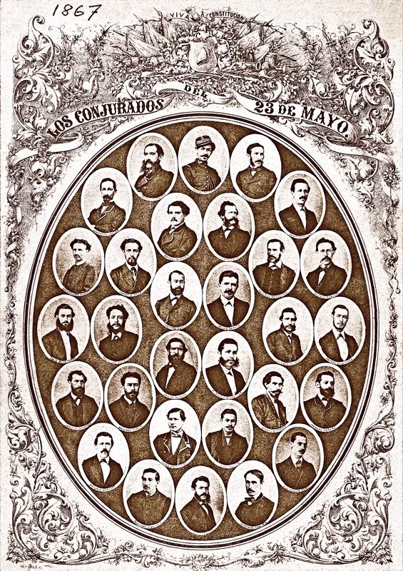 El 23 de mayo de 1867 una conspiración armada por los liberales radicales (gólgotas) y por los conservadores, dio un golpe de Estado y depuso al presidente legítimo, el general Tomás Cipriano de Mosquera, cuyo periodo terminaba en abril del año siguiente. Mosaico de los conjurados de 1867, entre quienes estaban Manuel Murillo Toro, Santiago Pérez, Santos Acosta, Carlos Holguín, Santos Gutiérrez, Felipe Zapata y otras notabilidades de la época. Fotos de Demetrio Paredes.