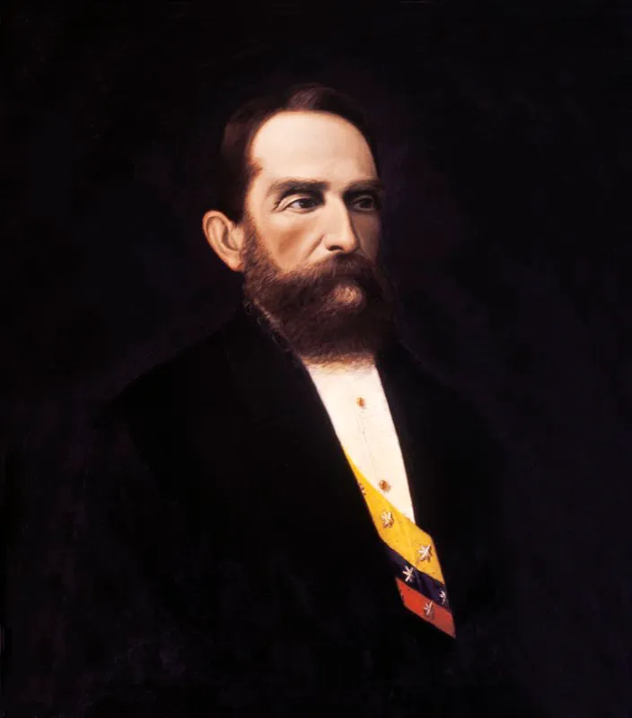 Rafael Núñez fue, junto con Caro, el principal artífice del periodo conocido como La Regeneración. Resultó elegido cuatro veces presidente de la república. Óleo de Epifanio Garay.