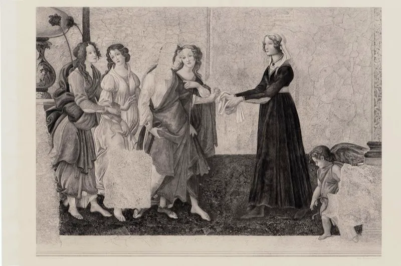 Sandro Botticelli (invent), Abel Mignon  (grab) / Chalcographie du Louvre (imprimi) / Encuentro de Giovanna Albizzi con Venus y Las Gracias / Siglo xv / Grabado en metal / 42,5 x 55.8 cm 