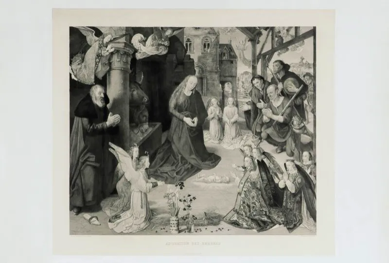 Hugo van der Goes (invent), L. Flameng (grab) / Chalcographie du Louvre
(imprimi) / La adoracin de los pastores / Panel central del trptico Portinari  / Siglo xv / Grabado en metal / 67,8 x 79 cm 