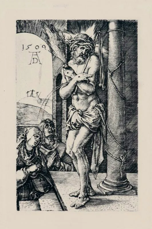 Alberto Durero (invent y grab) / Amsterdruch (imprimi) / Hombre agobiado de dolor en la columna / Siglos xv-xvi / Grabado en metal  / 20,5 x 16,5 cm 