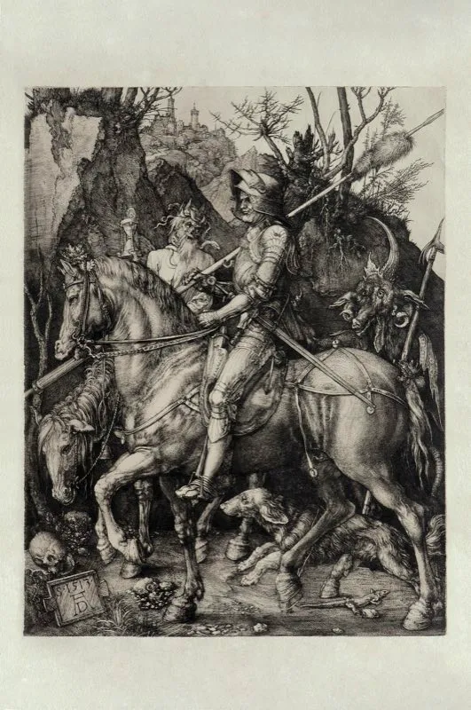 Alberto Durero (invent y grab) / Amsterdruch (imprimi) / El caballero, la muerte y el diablo / Siglos xv-xvi / Grabado en metal  / 35 x 27,5 cm 