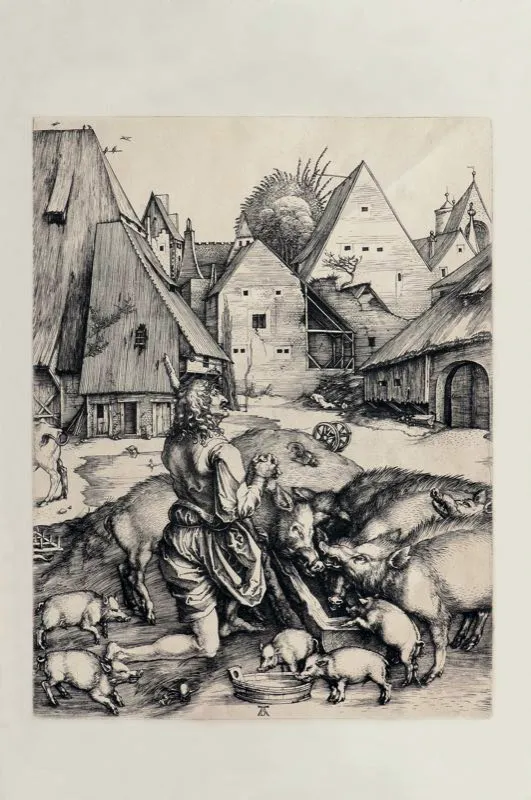 Alberto Durero (invent y grab) / Amsterdruch (imprimi) / El hijo prdigo en medio de cerdos / Siglos xv-xvi / Grabado en metal / 35 x 27,8 cm 