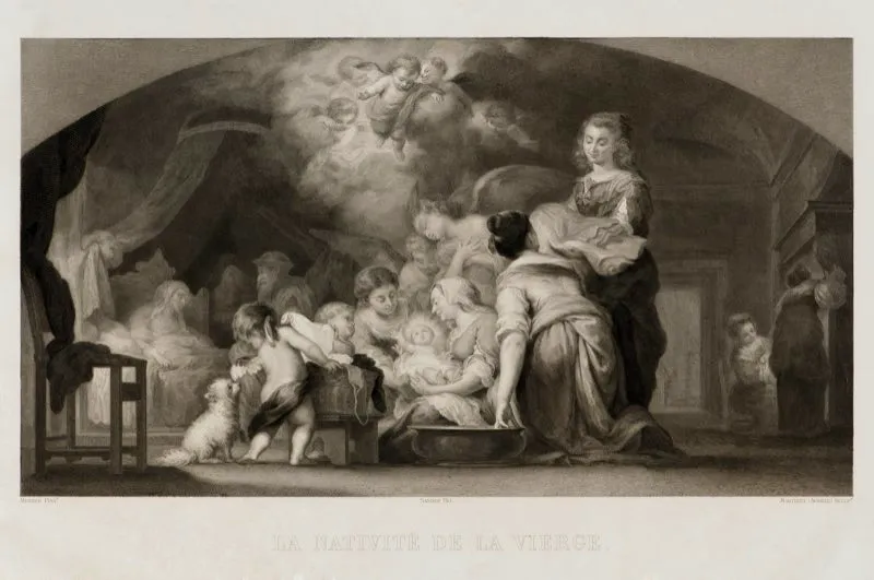 Bartolomé Esteban Murillo (inventó), Achille Martinet (grabó) / Chalcographie du Louvre (imprimió) / La natividad de la Virgen / Siglo xvii / Grabado en metal / 43,2 x 63 cm