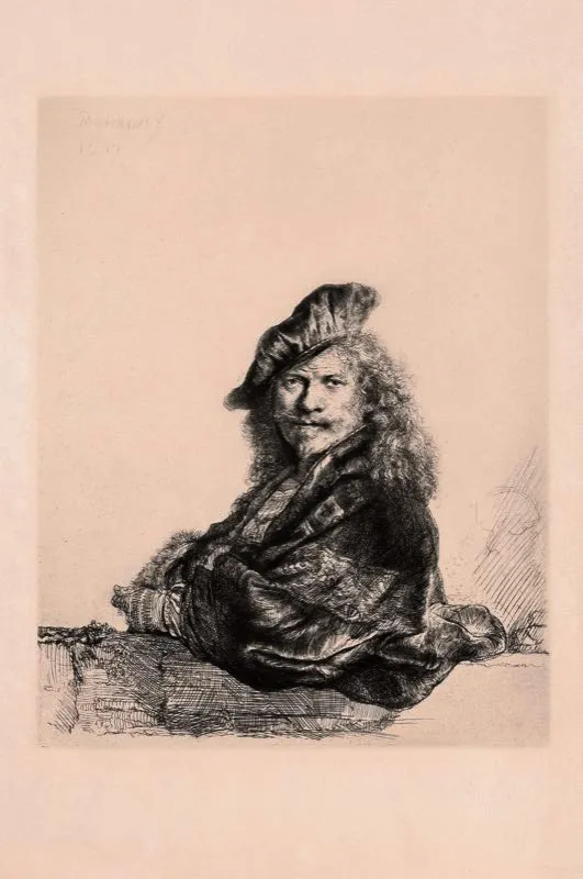 Rembrandt van Rijn (inventó y grabó) / Amsterdruch (imprimió) / Autorretrato apoyado en un pretil / Siglo xvii / Grabado en metal / 30 x 25,4 cm