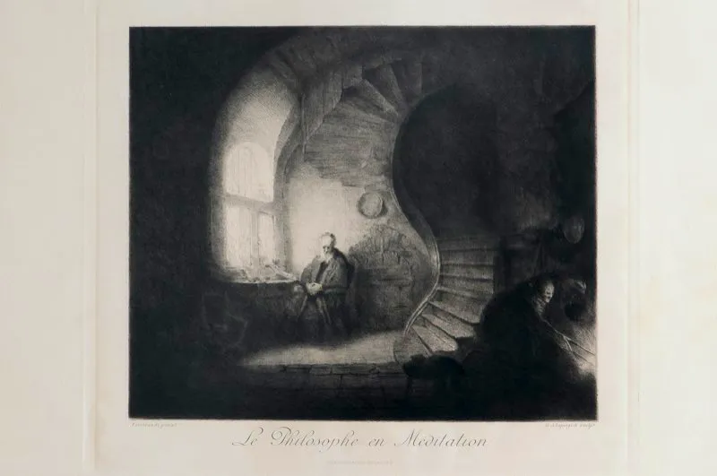 Rembrandt van Rijn (inventó), George Antonio Lopisgich (grabó) / Chalcographie du Louvre (imprimió) / La meditación del filósofo / Siglo xvii / Grabado en metal / 28,5 x 32,5 cm