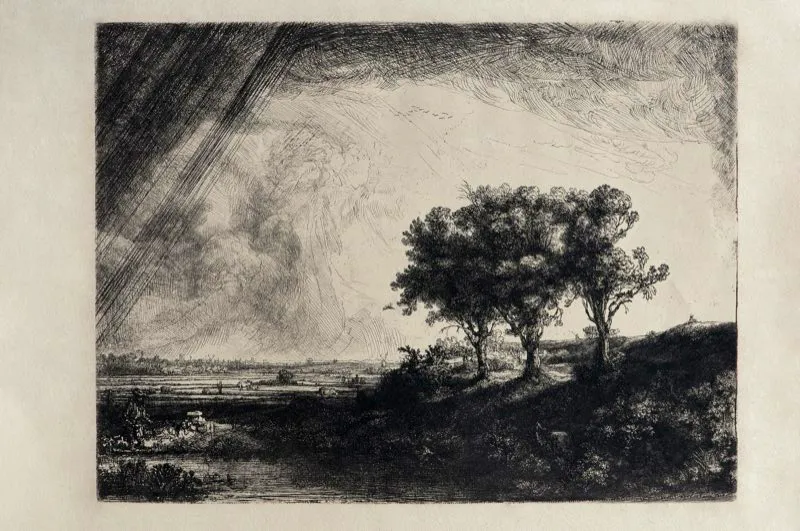 Rembrandt van Rijn (inventó y grabó) / Amsterdruch (imprimió) / Los tres árboles / Siglo xvii / Grabado en metal / 30,7 x 38,4 cm