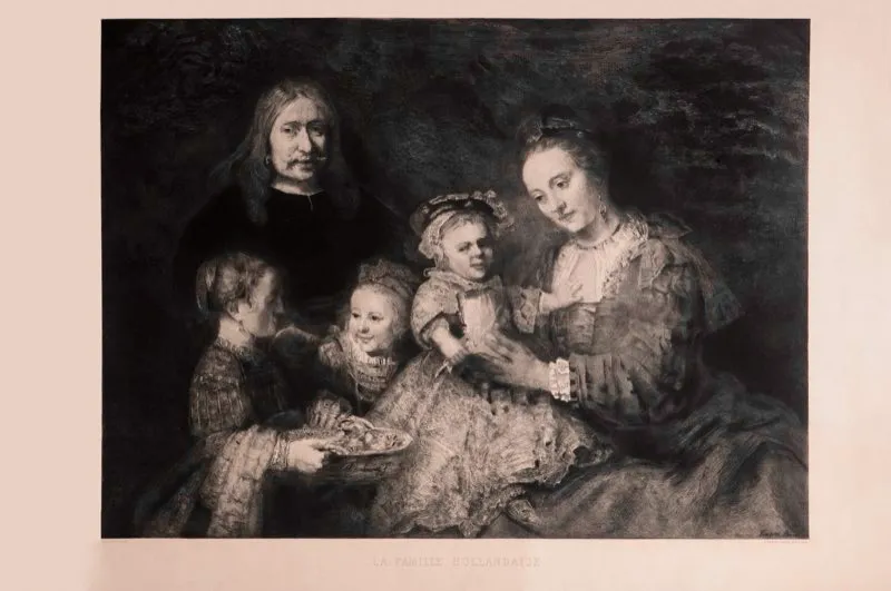 Rembrandt van Rijn (inventó), G. Fouquet - Dorval (grabó) / La familia holandesa / Siglo xvii / Grabado en metal / 71,2 x 99,5 cm