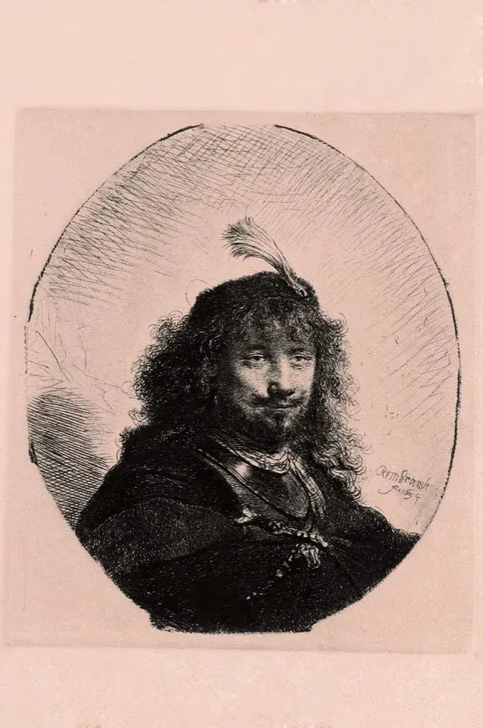 Rembrandt van Rijn (inventó y grabó) / Amsterdruch (imprimió) / Autorretrato adornado con una pluma y sable / Siglo xvii / Grabado en metal / 22 x 20 cm
