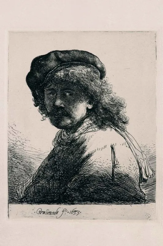 Rembrandt van Rijn (inventó y grabó) / Amsterdruch (imprimió) / Autorretrato con gorro y bufanda / Siglo xvii / Grabado en metal / 21,8 x 19,2 cm