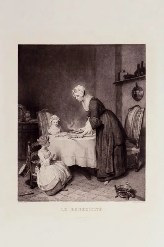 Jean Baptiste Simeon Chardin (invent), 
Eugene Decisy (grab) / Chalcographie du Louvre (imprimi) / La bendicin / Siglo xviii / Grabado en metal / 89,7 x 63 cm 