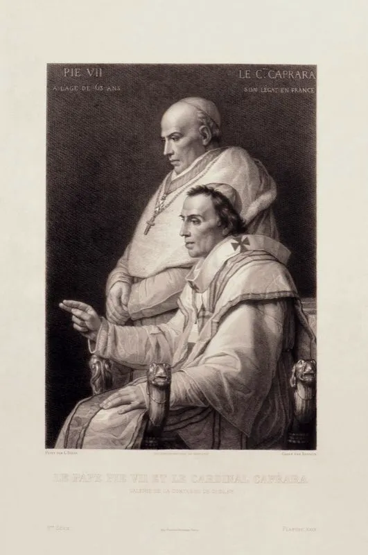Jacques Louis David (invent), Danguin (grab) / Socit Franaise de Gravure Imp. Chardin-Wittmann Pars (imprimi) / El Papa Po Vii y el  / Cardenal Caprara / Siglos xviii - xix / Grabado en metal / 42 x 30 cm 