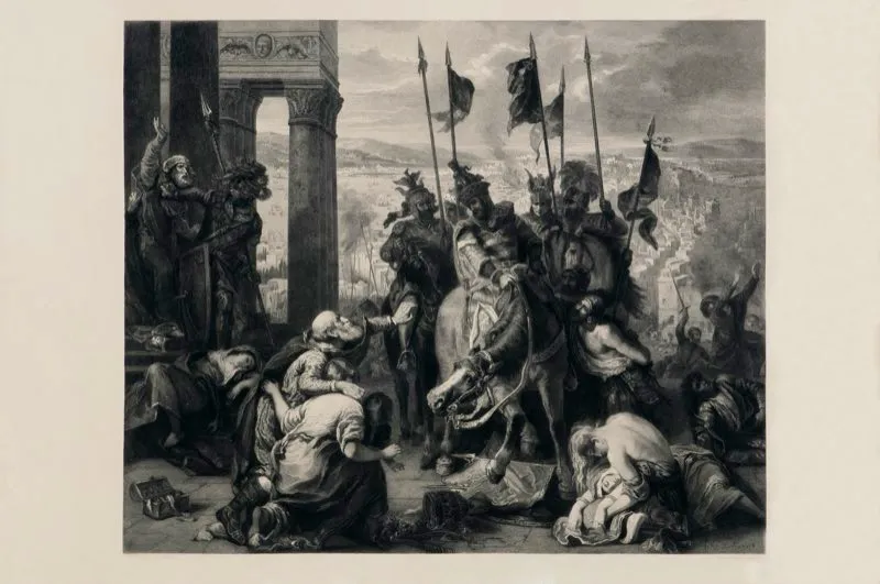 Eugenio Delacroix (invent), Alphonse Lamotte (grab) / Chalcographie du Louvre (imprimi) / Toma de Constantinopla por los cruzados / Siglo xix / Grabado en metal / 58,3 x 66,5 cm 